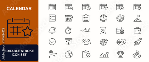 Calendar web icons in line style. Time management, planner agenda, meeting deadline, checklist workflow, reminder task, clock timeline, productivity goal. Editable stroke. Vector illustration.