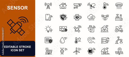 Sensor web icons in line style. Smart monitoring, wireless security, home automation, healthcare device, agriculture system, remote control. Editable stroke. Vector illustration.