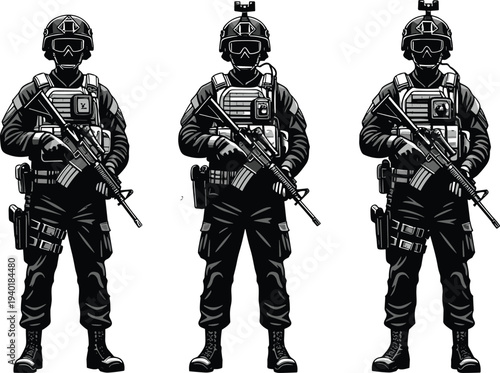 Special forces soldier tactical gear armed military operator silhouette vector illustration security combat unit character set