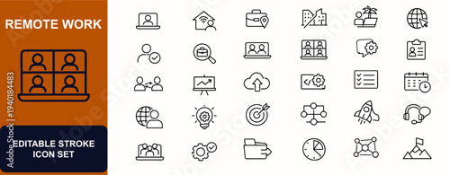 Remote work web icons in line style. Freelance business, hybrid office, digital nomad, home workspace, laptop meeting, team collaboration, cloud project. Editable stroke. Vector illustration.
