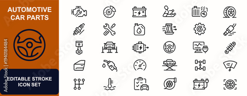 Automotive car parts web icons in line style. Engine repair, brake system, battery power, transmission gear, radiator cooling, tire service, spark plug, garage tool. Vector illustration.