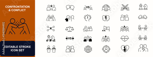 Confrontation and conflict web icons in line style. Business dispute, team crisis, leadership tension, fight versus, chess battle, fist struggle. Editable stroke. Vector illustration.
