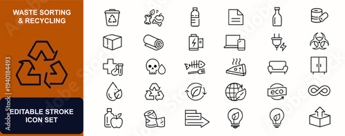 Waste sorting and recycling symbols web icons in line style. Garbage bin, compost waste, plastic bottle, paper, glass, metal, textile, eco sustainability. Editable stroke. Vector illustration.