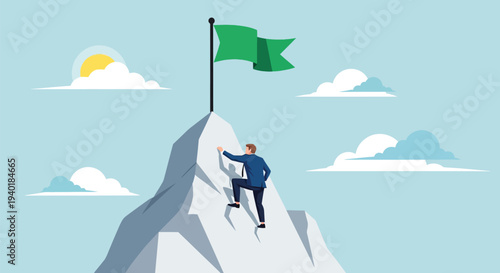 Businessman climbing treacherous mountain peak towards success flag, symbolizing ambition, goal achievement, overcoming challenges and reaching top.