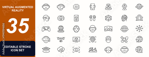 Virtual and augmented reality web icons in line style. Gaming headset, hologram projection, AI device, smartphone vision, 3D simulation, cyberspace tech. Editable stroke. Vector illustration.