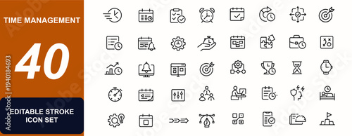 Time management web icons in line style. Productivity planning, deadline reminder, alarm clock, calendar schedule, multitask work, business strategy. Editable stroke. Vector illustration.