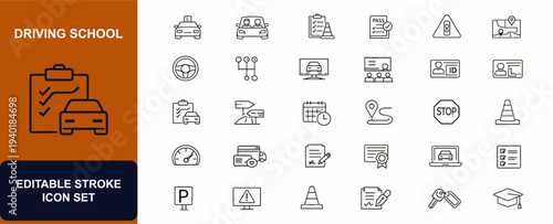 Wallpaper Mural Driving school web icons in line style. Car training, instructor lesson, traffic exam, road rules, steering wheel, gearbox, classroom study, student license. Editable stroke. Vector illustration. Torontodigital.ca