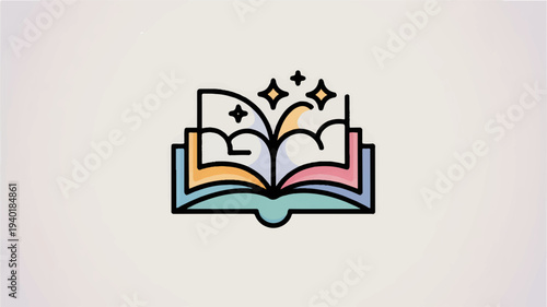 Colorful open book with sparkling stars rising from pages on plain background