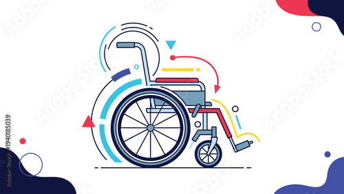 Manual wheelchair for disabled accessibility with abstract circular movement lines and colorful geometric accents.