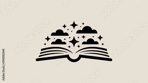 Open book with clouds stars and dreamy sky symbolizing imagination and knowledge
