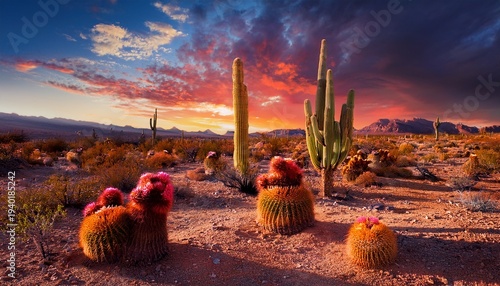 Surreal Desert Landscape With Colorful Cactus And Dramatic Sky