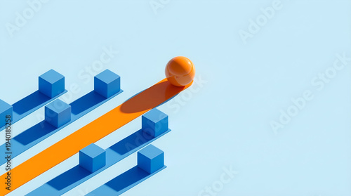 A solitary orange sphere forging its own vibrant path forward, showcasing leadership, individuality, and a bold departure from identical blue blocks