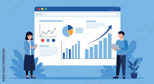 Business people analyzing financial data on screen, indicating growth, charts, performance, strategy, teamwork and business success in office.