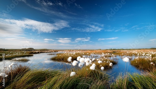 Cotton Grass On Swamp And Blue Sky