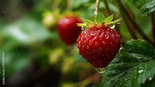 Juicy strawberries growing low on vines in rich garden soil.