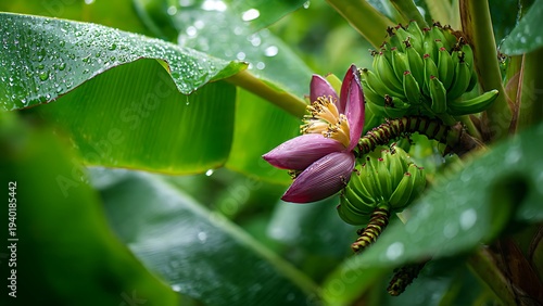 Banana bunch growing beneath large leafy branches in warm sunlight.