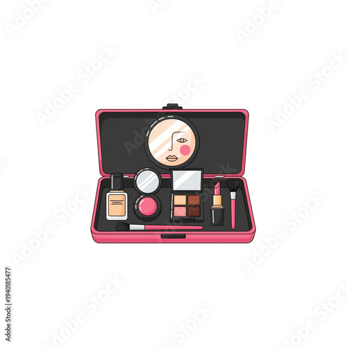 Open pink makeup case with various beauty products and accessories inside