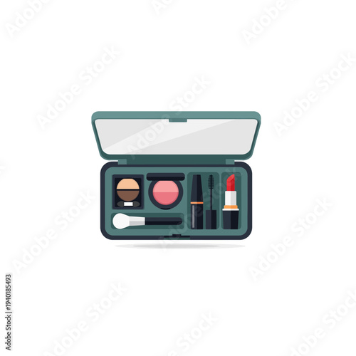 An open green makeup case with various colorful cosmetics inside