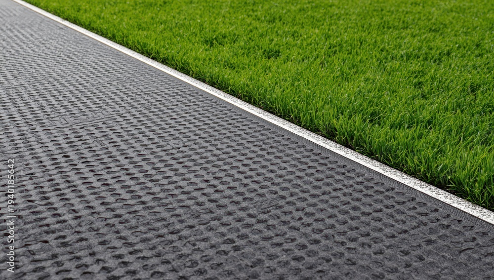 Obraz premium Perspective of a textured grey track mat beside a grassy lane, featuring unique holes that enhance the athletic atmosphere