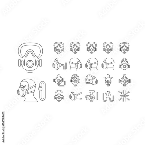 Collection of various gas mask icons in different styles and views