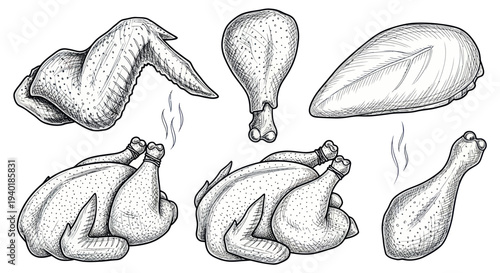 Hand-drawn Chicken Cuts and Whole Roasted Bird Illustration
