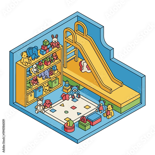 Isometric illustration of a children's playroom with toys and a slide.