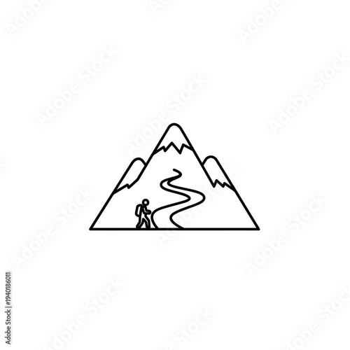 A black line drawing of a person hiking up a winding path to a mountain with snow