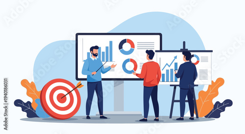 Team of business professionals conducting data presentation using large screens with charts and target boards for corporate strategy meeting sessions