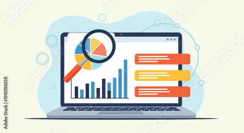 Laptop computer displaying professional data dashboard with colorful pie chart bar graphs and informational side panels for business performance review