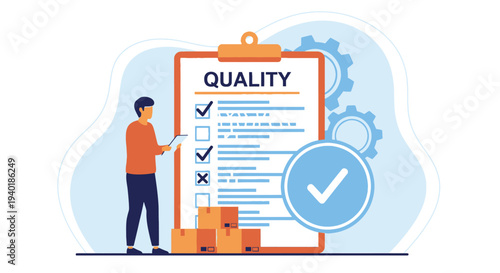 Quality assurance inspector checking cardboard boxes with large clipboard checklist featuring tick marks and gears symbols for industrial logistics control