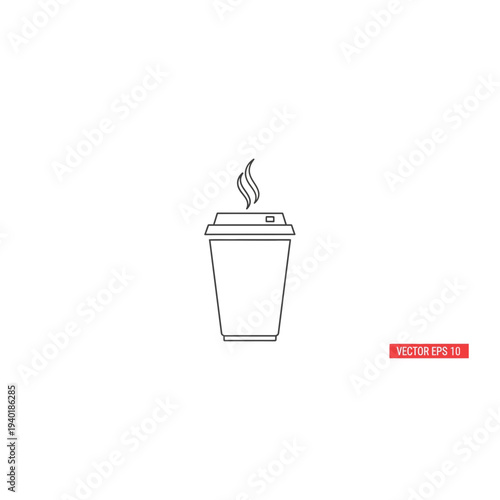 A black line drawing of a steaming hot disposable coffee cup