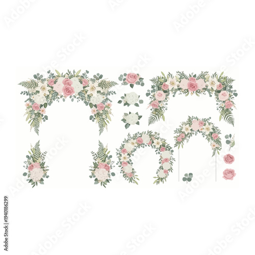 Floral wedding decorations with pink roses and green leaves