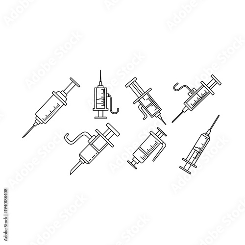 Collection of various medical syringe illustrations in different styles and angles
