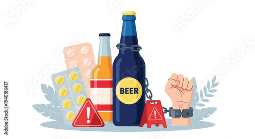 Alcoholism and drug addiction treatment concept, drunk man hand in handcuffs with bottle of beer and drugs, stop abuse, flat vector illustration