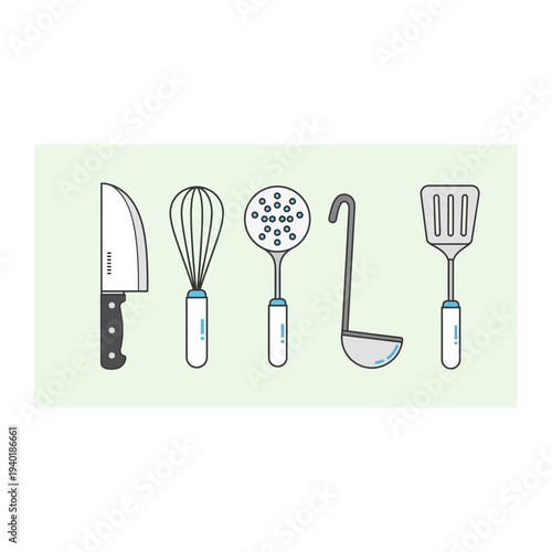 A set of kitchen utensils and tools on a light green background
