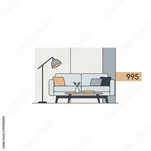 Modern living room interior with sofa, coffee table, and floor lamp