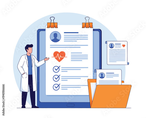 Doctor with medical records on tablet, health insurance concept, patient history, health care data, flat vector illustration