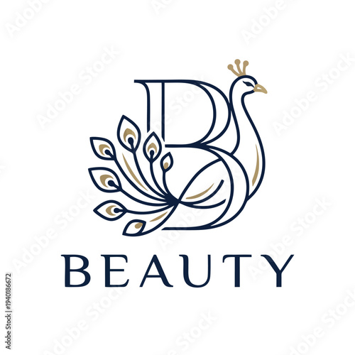 Modern Luxury and Beauty Peacock Monogram Logo, Peacock Integrated With Letter B (for Beauty), Minimal Feather Shapes