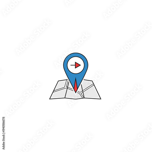 A blue map pin icon with a red arrow on a pointing to a location on a map