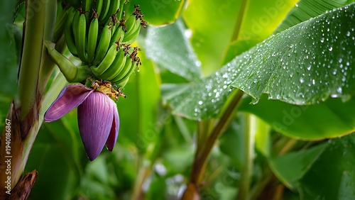 Tropical banana tree with a heavy cluster of fruit and wide leaves.