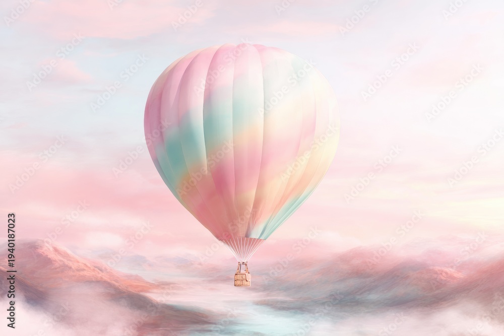 Obraz premium A Pastel Dreamscape: A whimsical hot air balloon, adorned in pastel hues, gracefully ascends through a soft, dreamlike sky, evoking feelings of serenity and imagination.