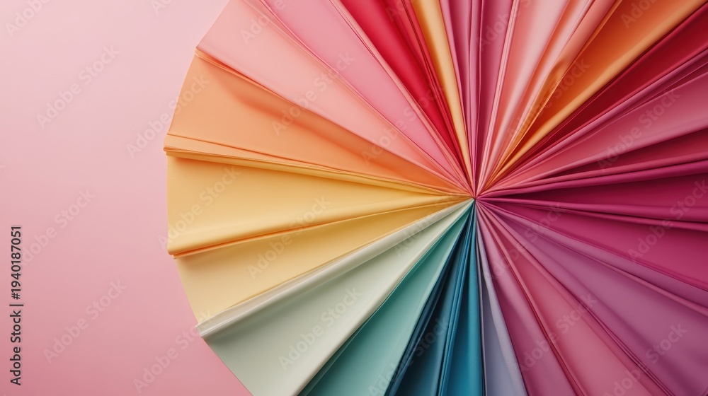Obraz premium This stunning arrangement of colorful paper showcases an artistic fan display that represents design, creativity, and vibrant aesthetics for various artistic uses.