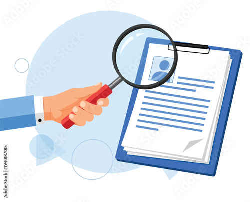 Human resources and recruitment concept with clipboard paper documents and magnifying glass over resume in hand on white background
