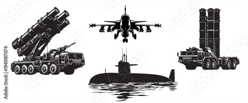 Military hardware set: missile launcher vehicles, fighter jet, and navy submarine