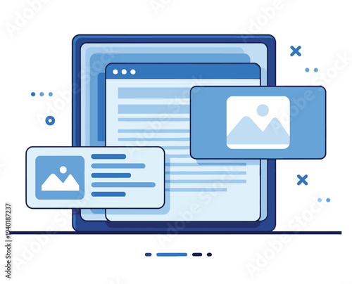 Web design and content creation concept with laptop screen showing website layout and images on digital device screens vector illustration