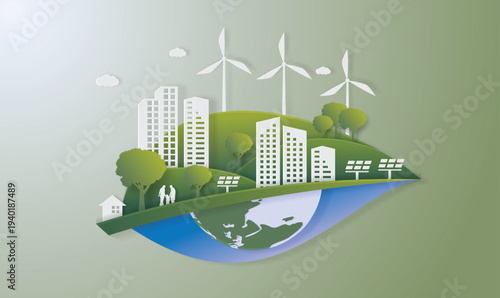 Green city and alternative renewable energy with leaf shape. ESG, environmental social and governance concept Paper art Vector illustration.