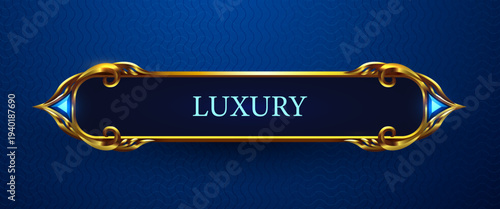 Luxury golden banner with ornate frame on a dark blue patterned background, featuring elegant design. Vector illustration