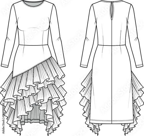 Long Sleeve Crew Neck Asymmetric Ruffle Hem Midi Dress Technical Flat Fashion Sketch Illustration Vector Template for Apparel Design Development