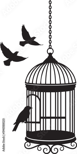A vintage golden birdcage with an open door signifies freedom for the white bird formerly trapped in its metal prison