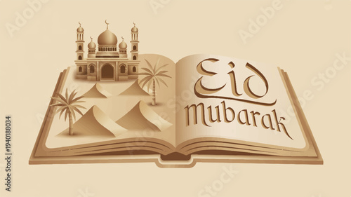 Eid mubarak greeting card with mosque and desert landscape